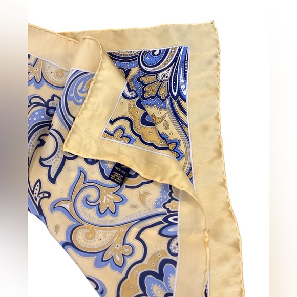Silk Pocket Square Yellow Blue Paisley CLASSIC Hand Rolled Hem - Picture 2 of 3
